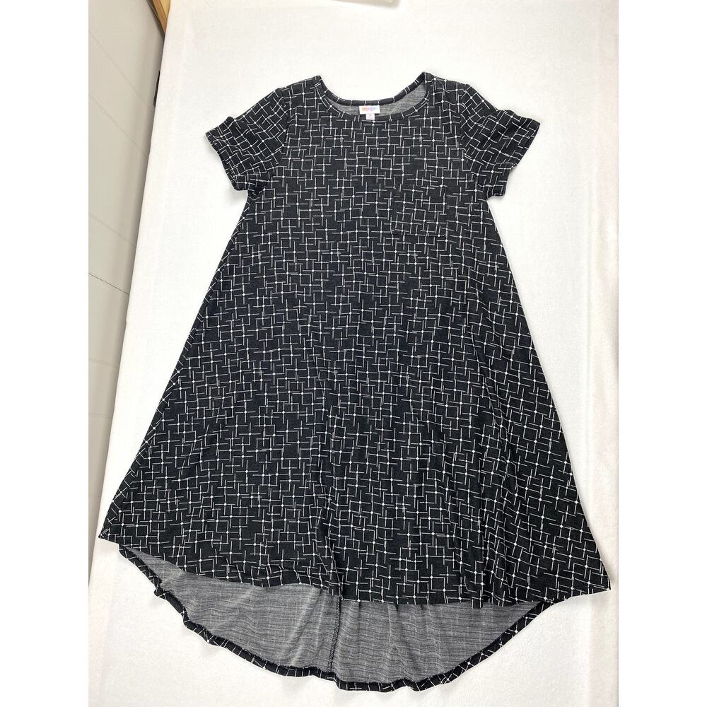 LuLaRoe Womens M Carly Dress Black Gray Grid High Low Short Sleeve Fair Damaged